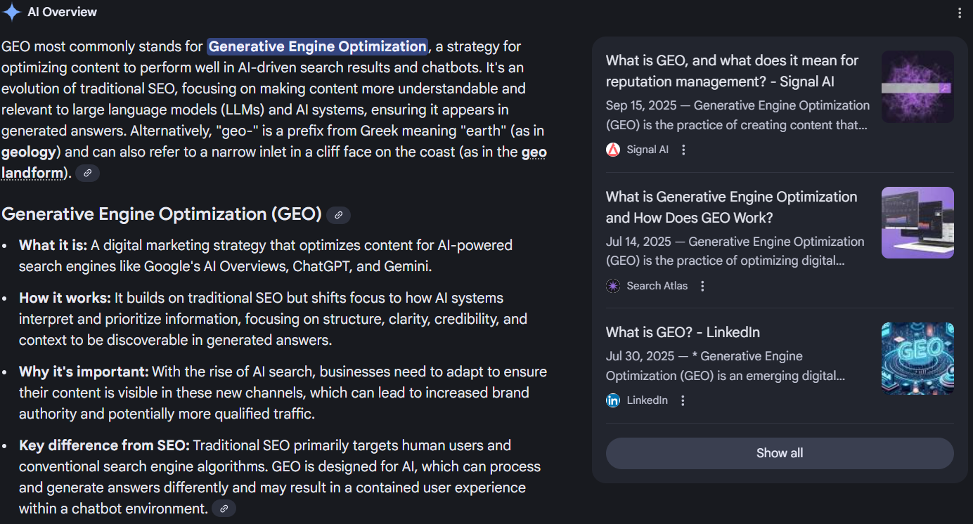 Screenshot showing a Generative Engine Optimization (GEO) AI Overview definition and related search results, illustrating how AI search works